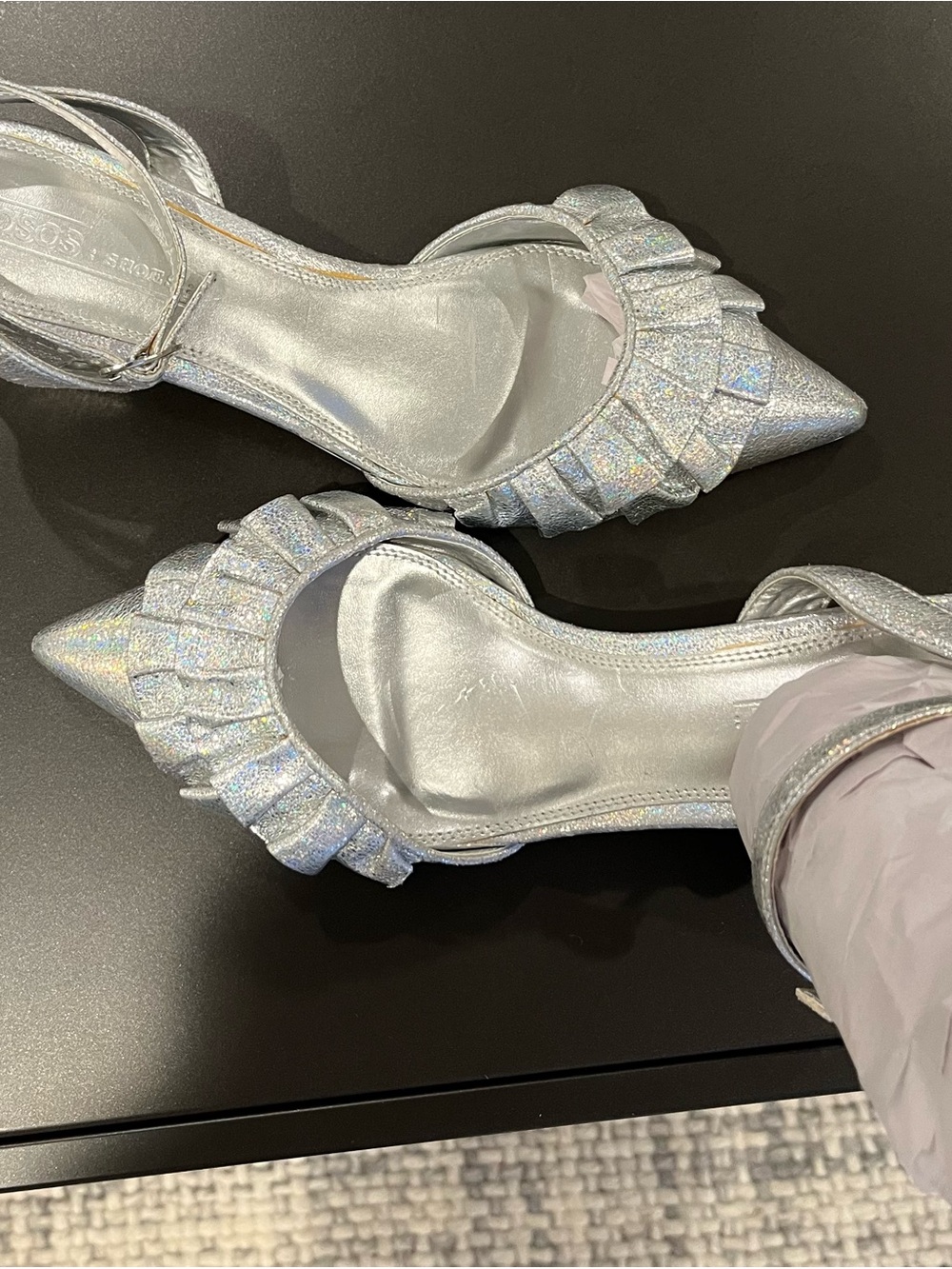 ASOS Silver Holographic Ruffle Slingback Heels - Picture 3 of 7